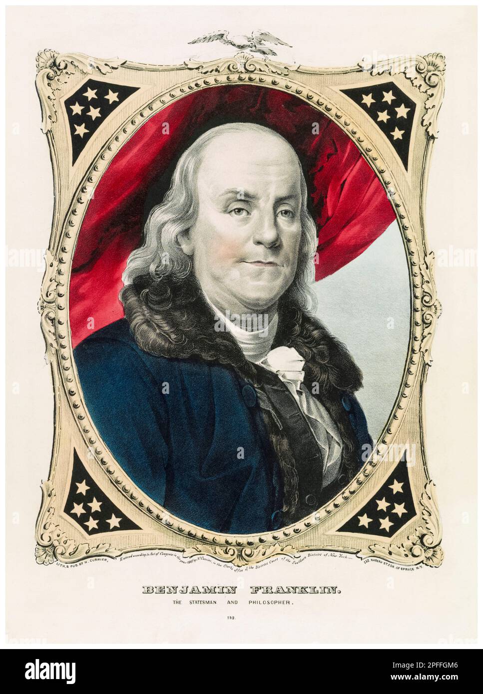 Benjamin Franklin (1706-1790), American polymath, writer, scientist, inventor, and statesman. One of the Founding Fathers of the United States, hand coloured portrait print by Currier & Ives, 1847 Stock Photo