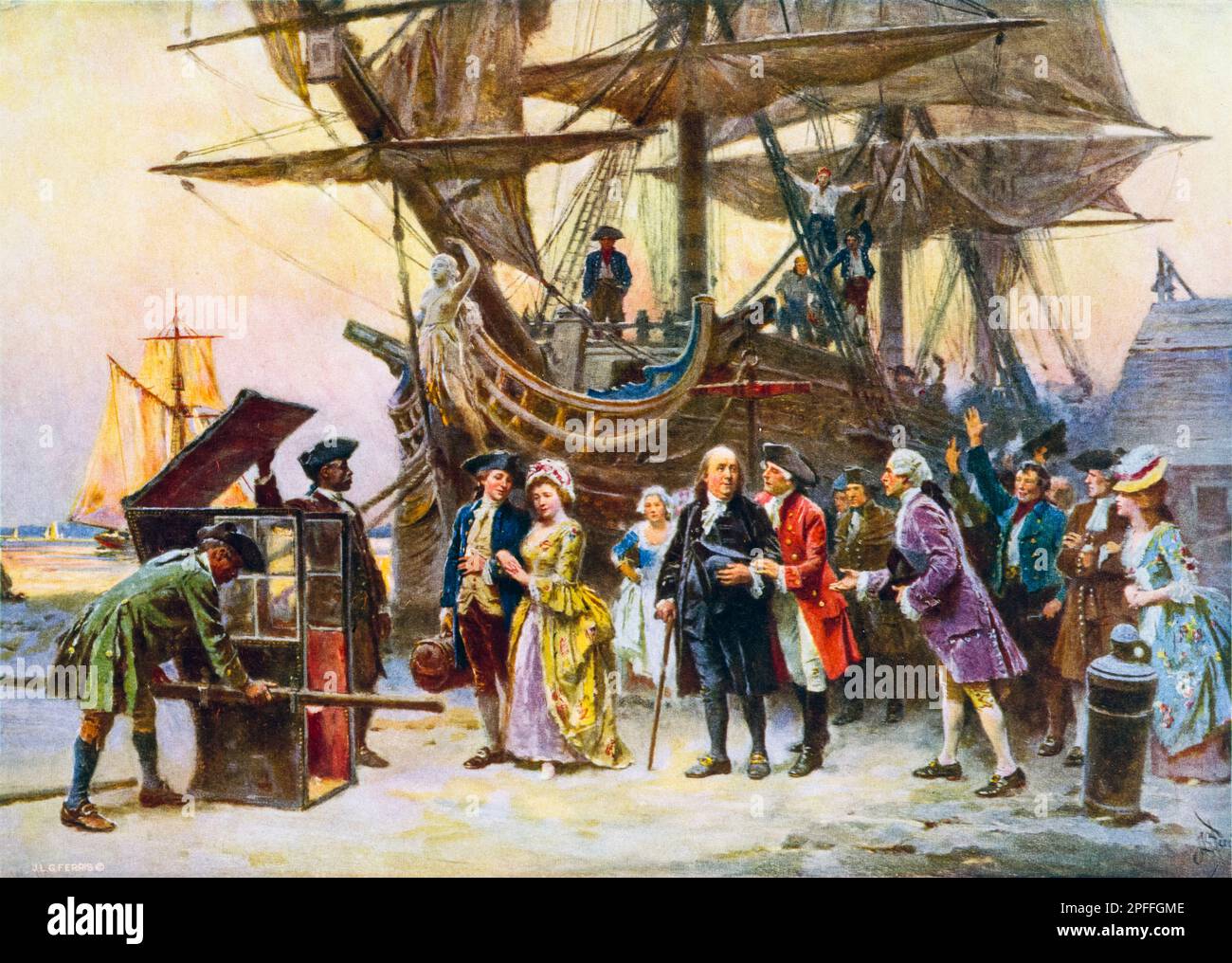Benjamin Franklin, returning to Philadelphia, 1785, lithographic print by Jean Leon Gerome Ferris, circa 1932 Stock Photo