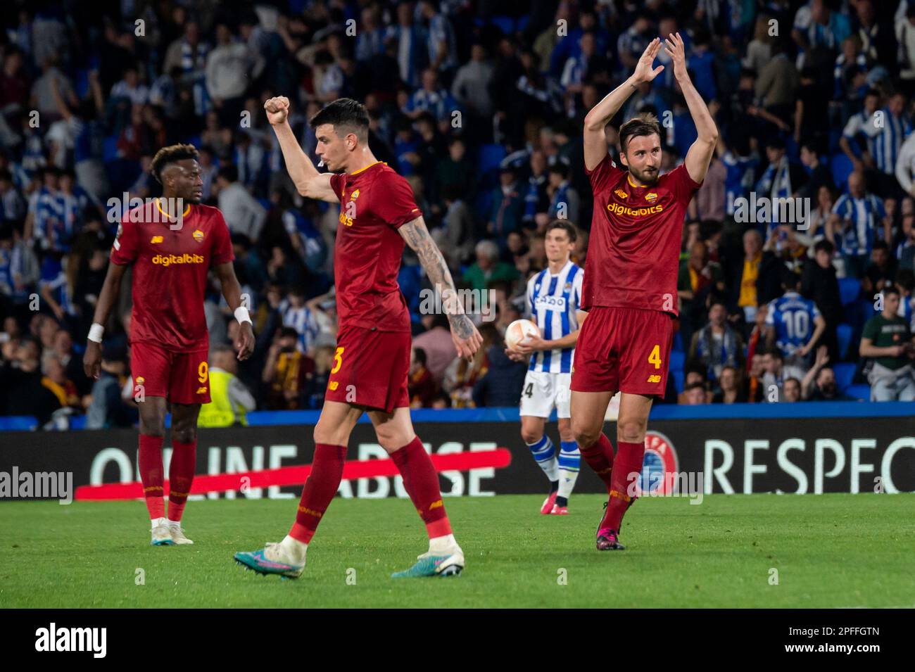 Roger Ibanez da Silva and Bryan Cristante of AS Roma celebrate passin to next round during UEFA Europa League round of 16, second leg match between Real Sociedad and AS Roma at Reale Arena. Donostia (Spain).  March 16, 2023. (Gari Garaialde / Bostok Photo). Stock Photo