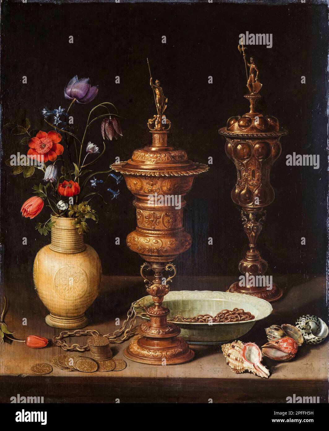 Clara Peeters, Still Life with Flowers and Gold Cups of Honour, painting in oil on wood, 1612 Stock Photo