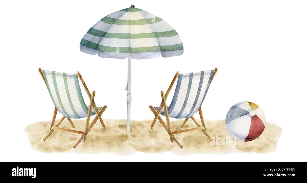 Hand drawn watercolor composition. Striped beach accessories, umbrellas ...