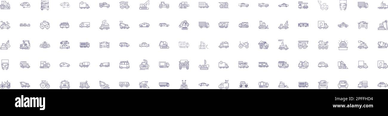 Cars line icons signs set. Design collection of Automobile, Sedan, SUV, Crossover, Hatchback, Convertible, Coupe, Hybrid outline concept vector Stock Vector