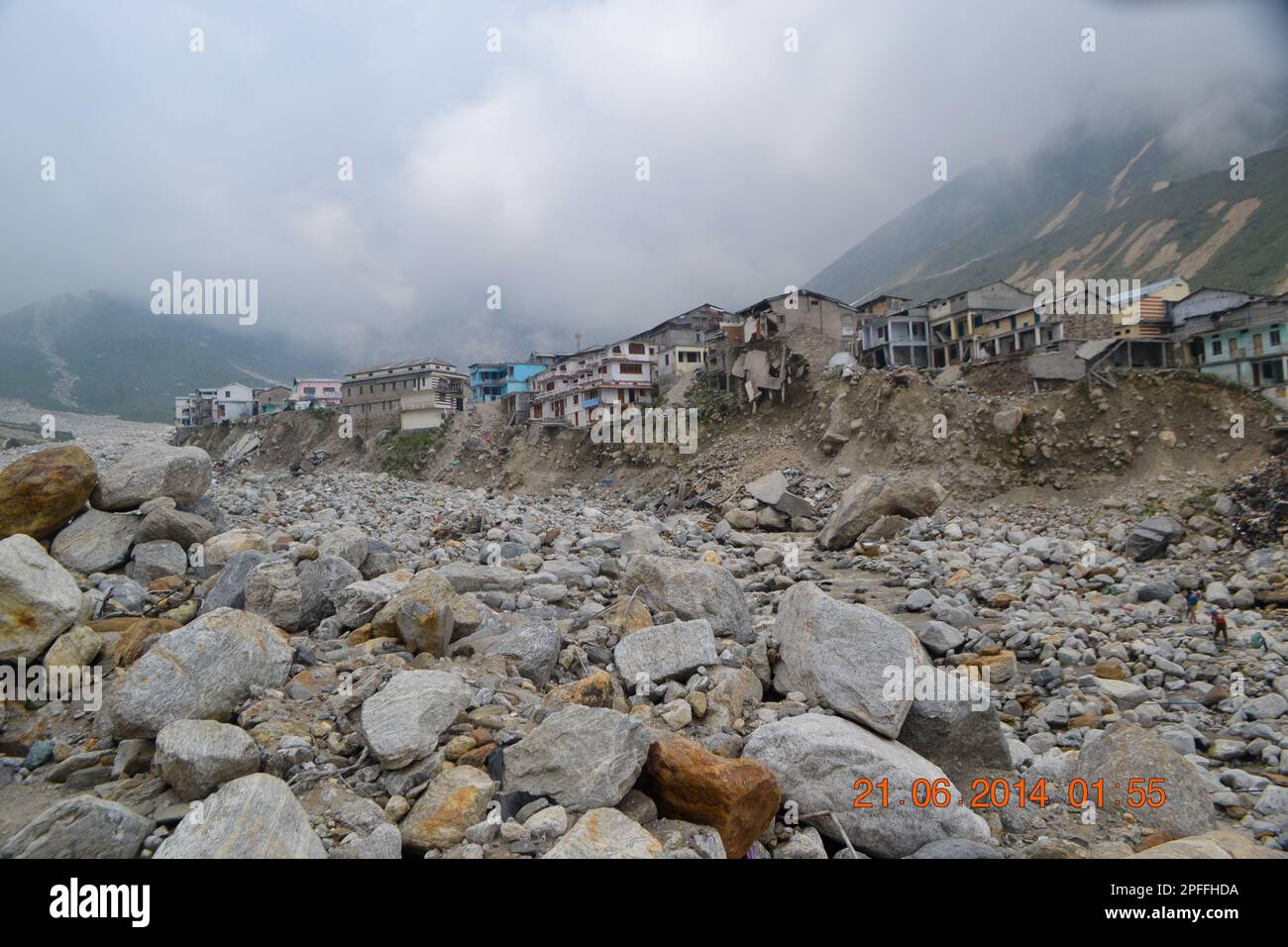Damaged buildings in Kedarnath disaster June 2013. In June 2013, a multi-day cloudburst centered on the North Indian state of Uttarakhand caused devas Stock Photo