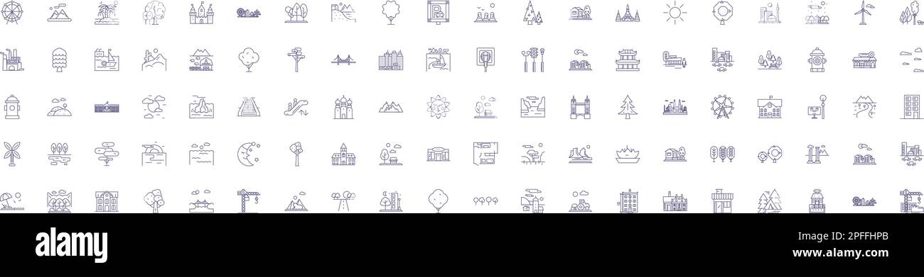 City and nature line icons signs set. Design collection of urban, rural, landscape, backdrop, locale, skyline, architecture, vegetation outline Stock Vector
