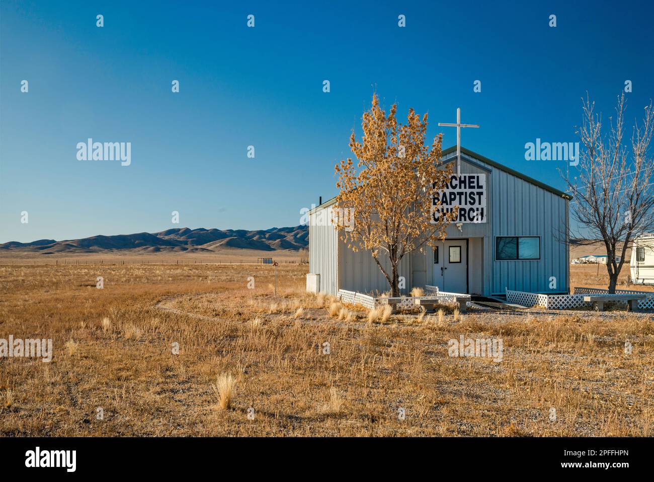 Rachel Baptist Church in Rachel, Extraterrestrial Highway NV-375, Sand Spring Valley, Great Basin, Nevada, USA Stock Photo