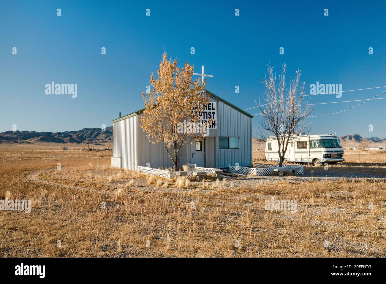 Rachel Baptist Church in Rachel, Extraterrestrial Highway NV-375, Sand Spring Valley, Great Basin, Nevada, USA Stock Photo