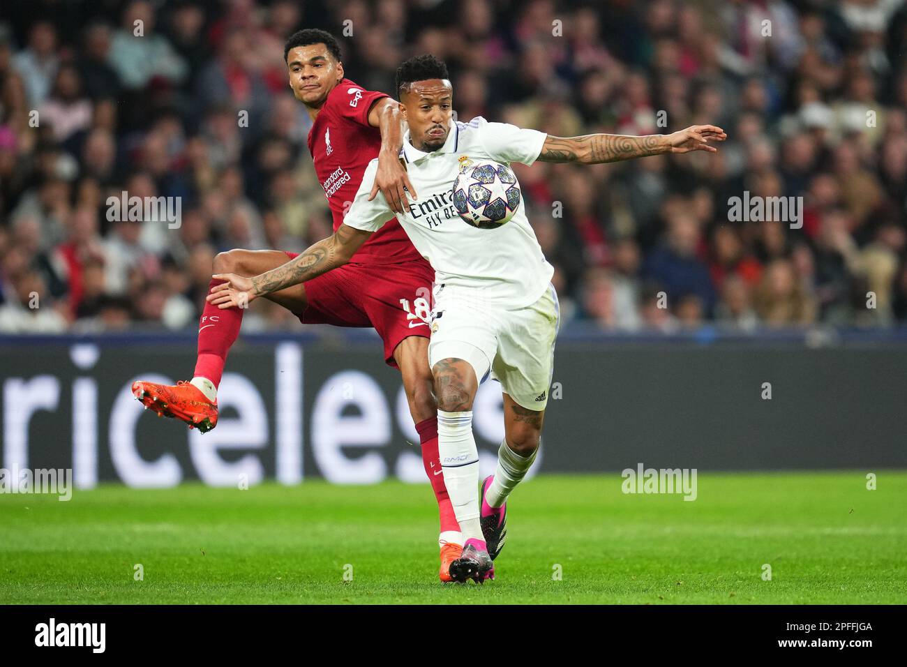 Eder Gabriel Militao of Real Madrid and Cody Gakpo of Liverpool FC during the UEFA Champions League match, round of 16, 2nd leg between Real Madrid and Liverpool FC played at Santiago Bernabeu Stadium on March 15, 2023 in Madrid, Spain. (Photo by Colas Buera / PRESSIN) Stock Photo