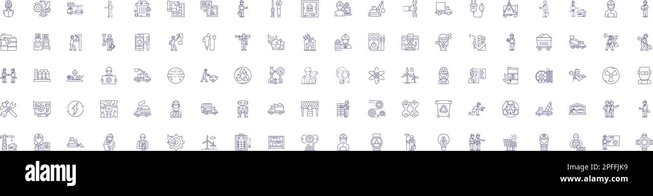 Industrial line icons signs set. Design collection of Factory, Manufacturing, Engineering, Automation, Construction, Machinery, Processing, Power Stock Vector