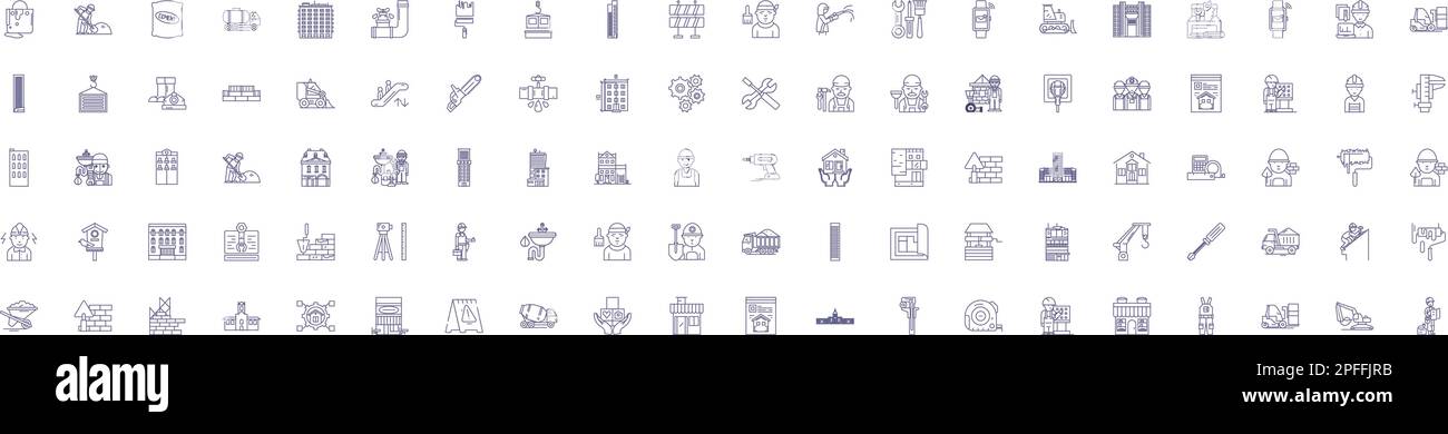 Building and construction line icons signs set. Design collection of Architecture, Engineering, Masonry, Plumbing, Structures, Carpentry, Design Stock Vector