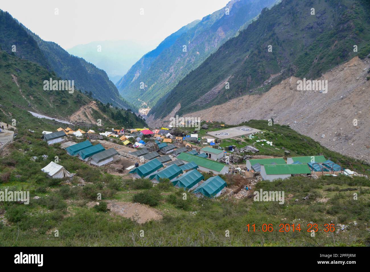Kedarnath base camp established after Kedarnath disaster. In June 2013, a multi-day cloudburst centered on the North Indian state of Uttarakhand cause Stock Photo