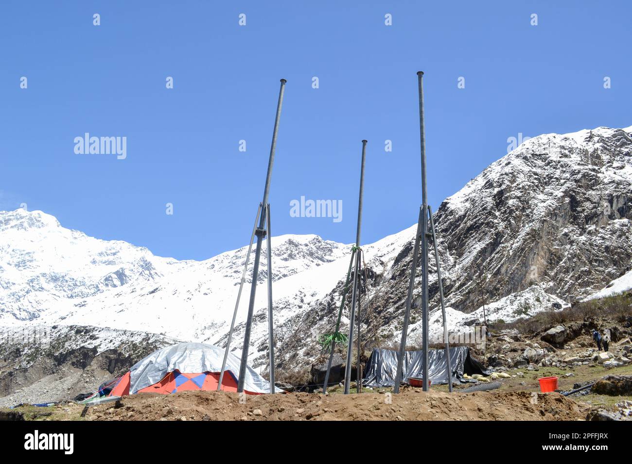 Building Telecommunication towers in Kedarnath project. Government made a reconstruction plan for the Kedarnath temple area, that was damaged in the f Stock Photo