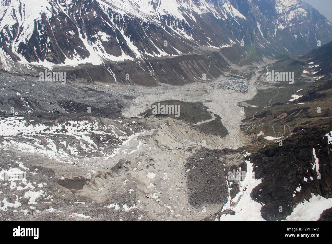 Aerial view of Kedarnath region after disaster in 2013. In June 2013, a multi-day cloudburst centered on the North Indian state of Uttarakhand caused Stock Photo