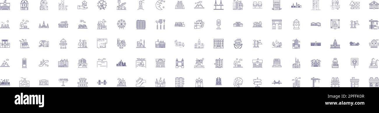 City landscape line icons signs set. Design collection of Urban, skyline, streetscape, skyline, architecture, metropolis, vista, hustle outline Stock Vector
