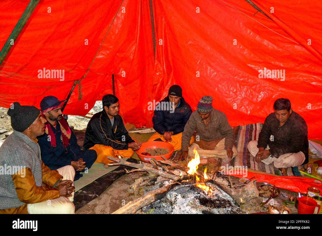Priest performing Havan before Kedarnath reconstruction work. The foundation stone of the reconstruction project at Kedarnath were laid in 2017 by the Stock Photo