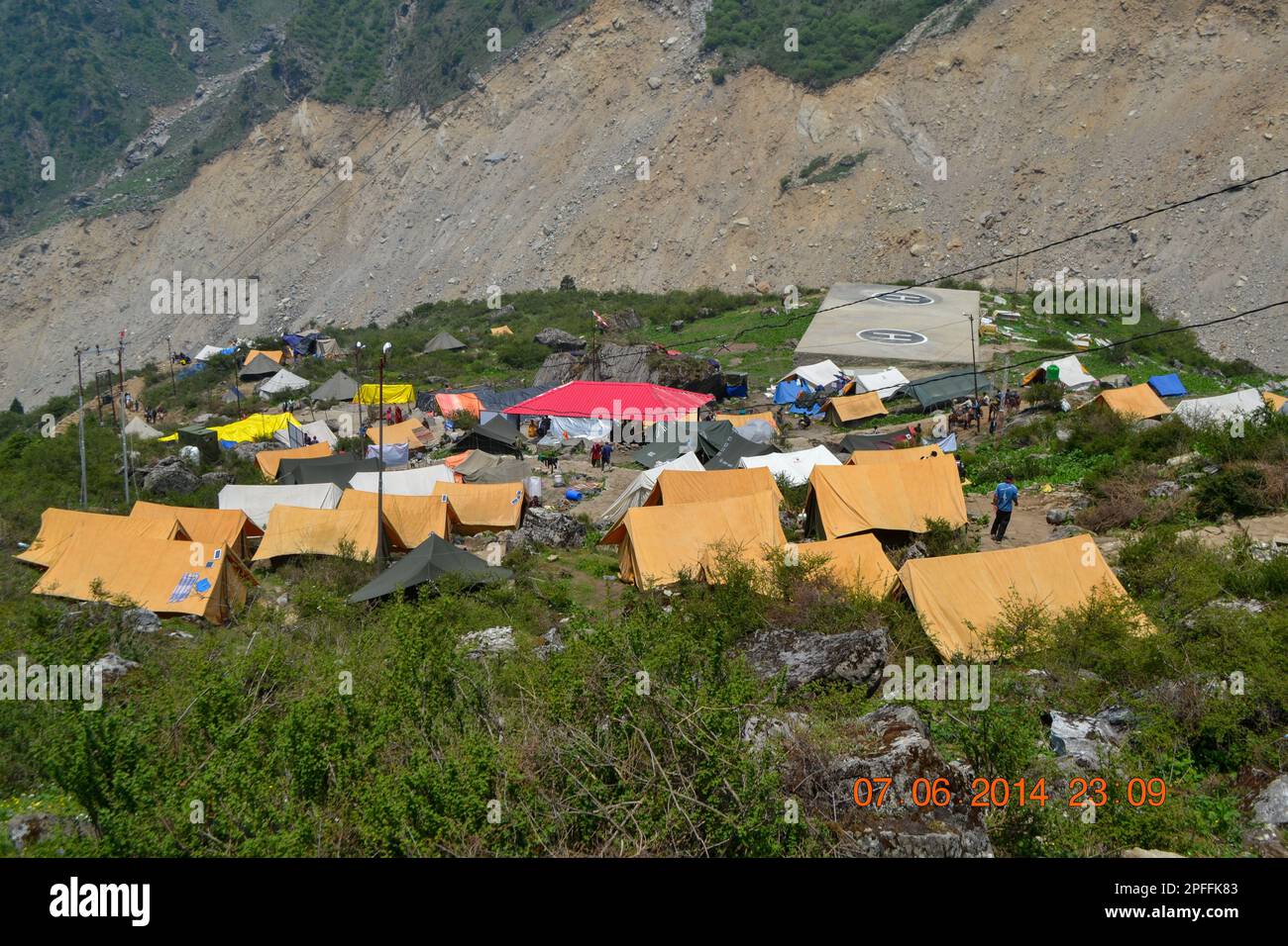 Kedarnath base camp established after Kedarnath disaster. In June 2013, a multi-day cloudburst centered on the North Indian state of Uttarakhand cause Stock Photo