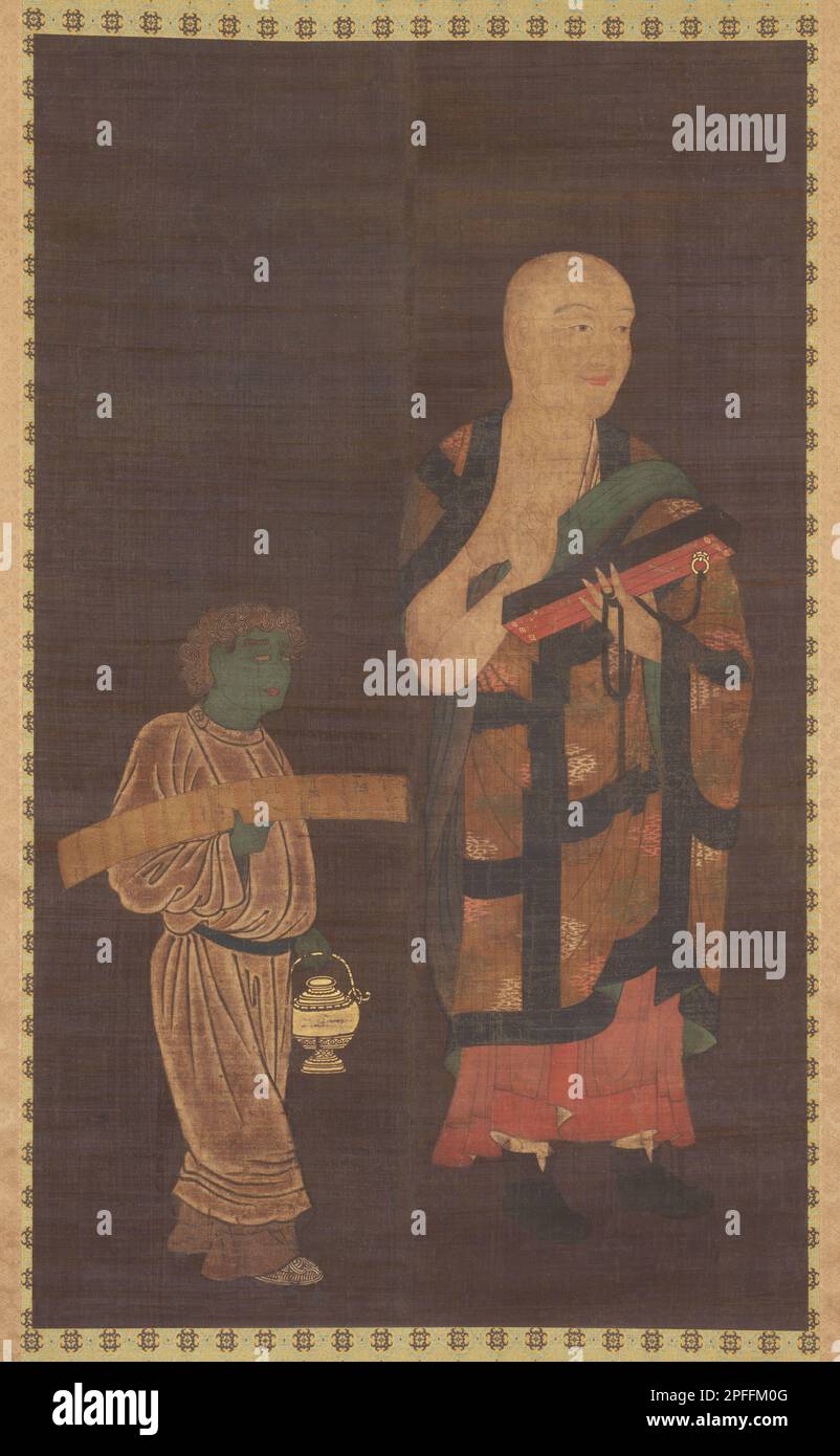 Portrait of Xuanzang (Genjō) with Attendant, In the Style of Kasuga Motomitsu (Japanese, active early 11th century), Kamakura period (1185–1333), Date 14th century Stock Photo
