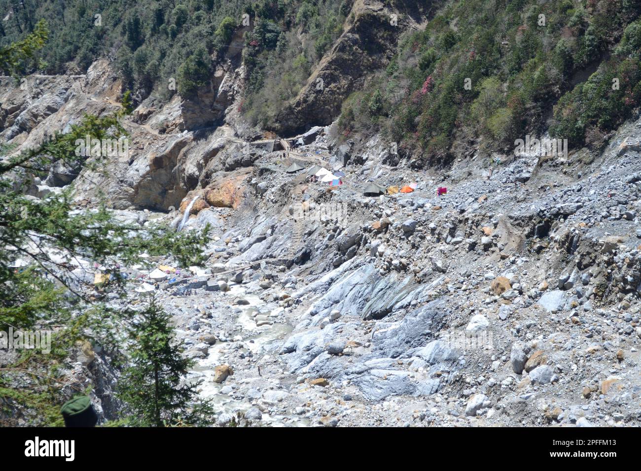 Kedarnath valley view after disaster in Uttarakhand India. In June 2013, a multi-day cloudburst centered on the North Indian state of Uttarakhand caus Stock Photo