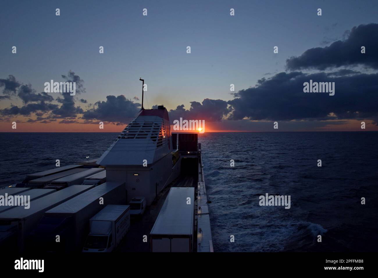 Sunrise over the Adriatic sea on board the Superfast I passenger and vehicle ferry between Patras Greece and Bari,Italy, January 2022 - Stock Image