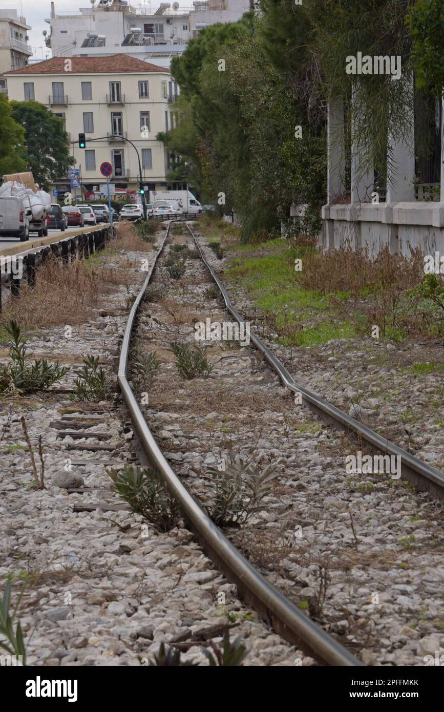 Worn and damaged narrow gauge railway track on the metre gauge Patras