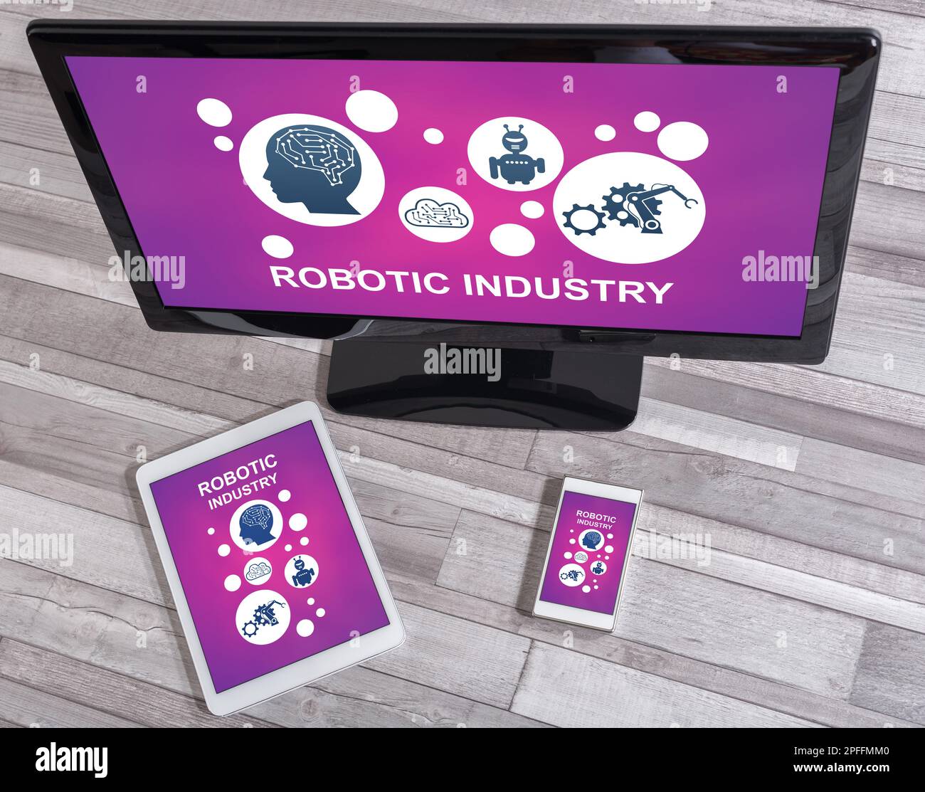 Robotic industry concept shown on different information technology devices Stock Photo