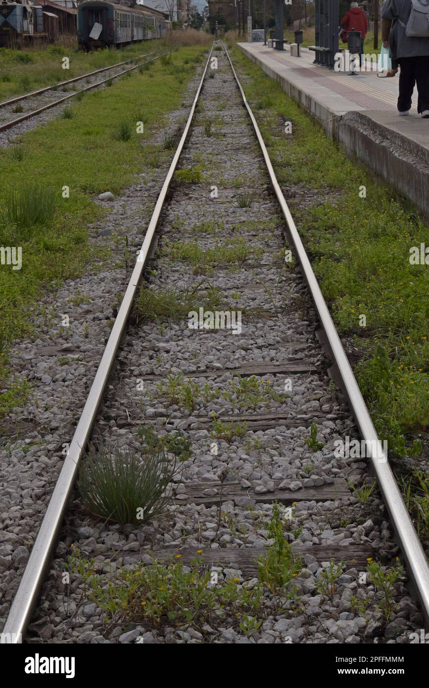 Worn and damaged narrow gauge railway track on the metre gauge Patras suburban railway line