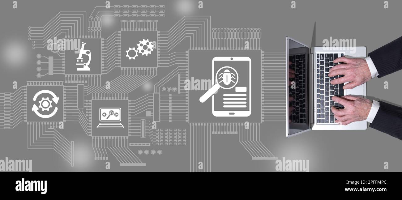 Top view of hands using laptop with symbol of software testing concept ...