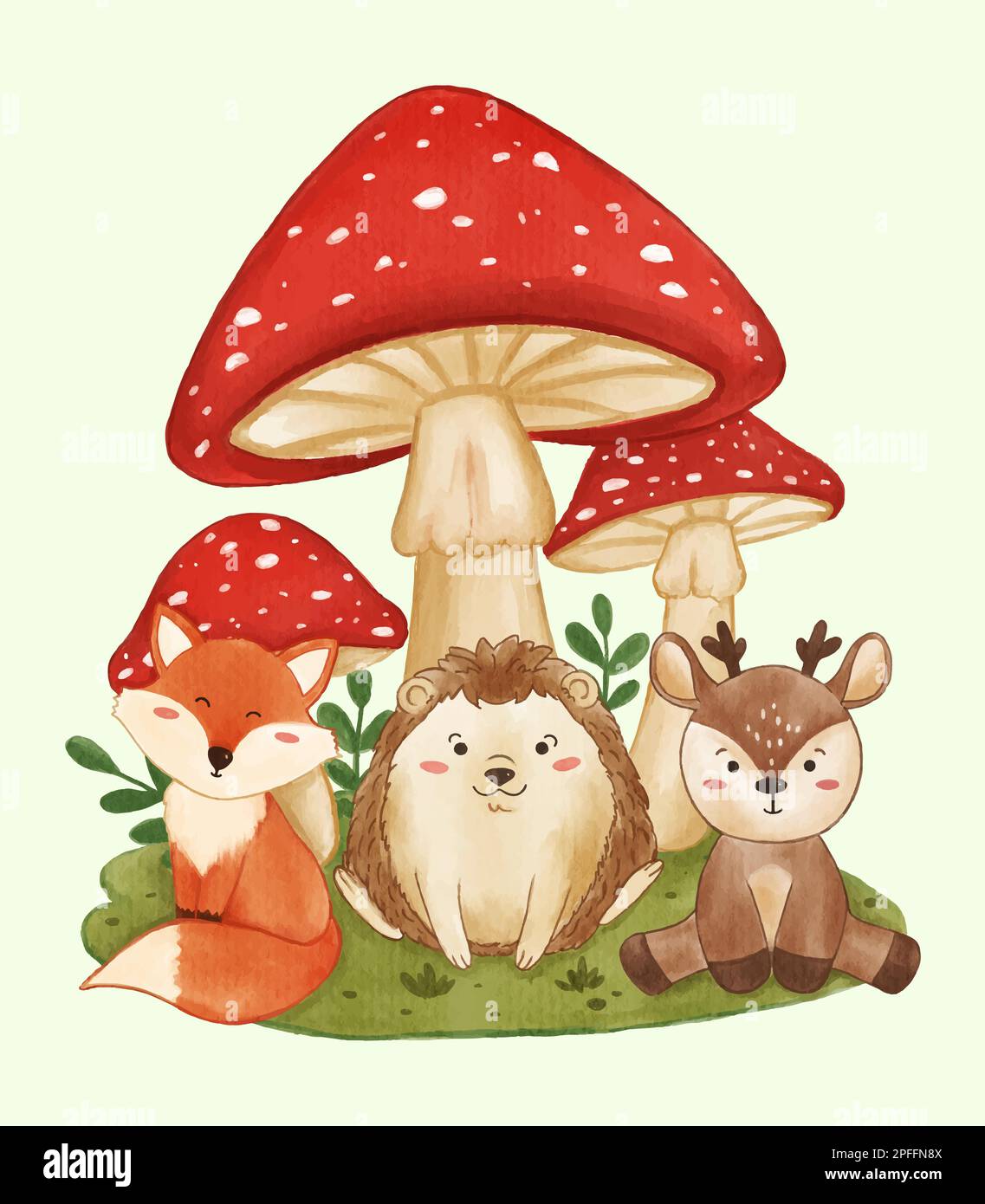 Giant mushrooms with wildlife animals fox hedgehog and deer . Realistic watercolor paint with paper textured . Cartoon character design . Vector . Stock Vector