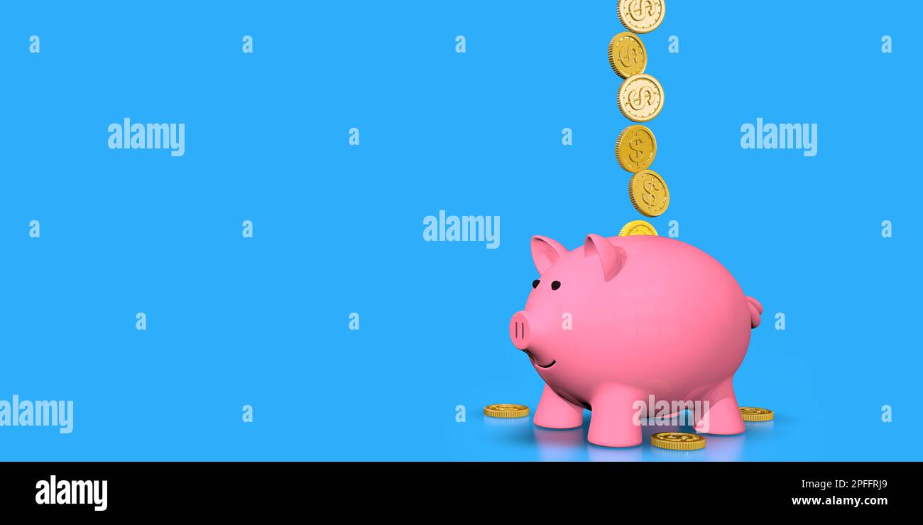 Gold coins falling into pink ceramic piggy bank standing against blue ...
