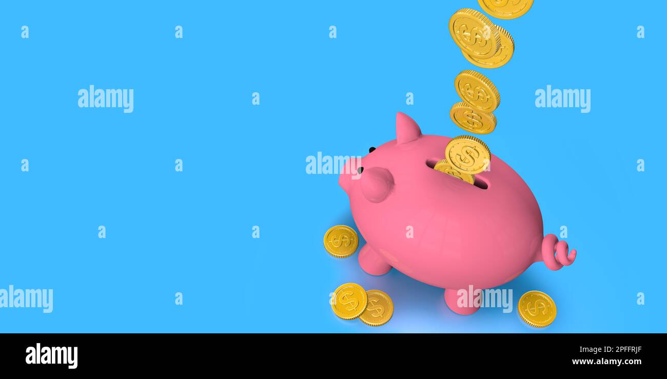 Top view of gold coins falling inside pink ceramic piggy bank standing ...