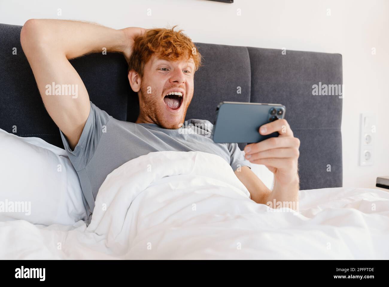 Young handsome enthusiastic redhead man in gray t-shirt holding his head and looking at his phone, while liying on bed at home Stock Photo