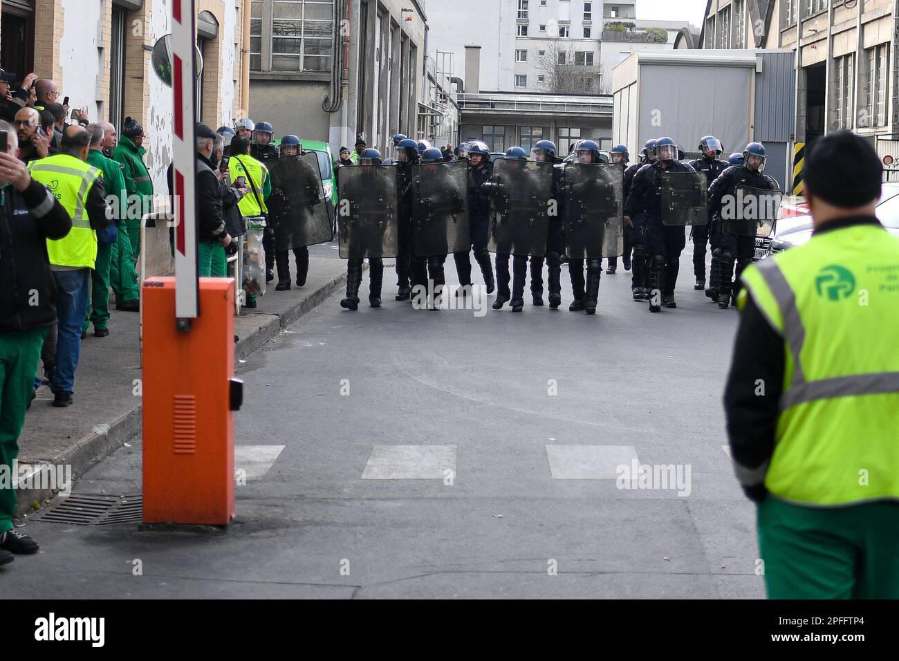 Paris, France, Friday, March 47, 2023. Gendarmes dislodge garbage  collectors mobilized for ten days against the pension reform at the Ivry-sur-Seine  incinerator near Paris, France, Friday, March 47, 2023. While CGT union