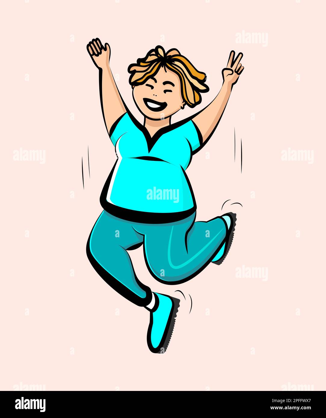 Overweight happy woman in a sportswear is jumping. Body positive movement and feminism, mental health and good vibes. Vector illustration Stock Vector