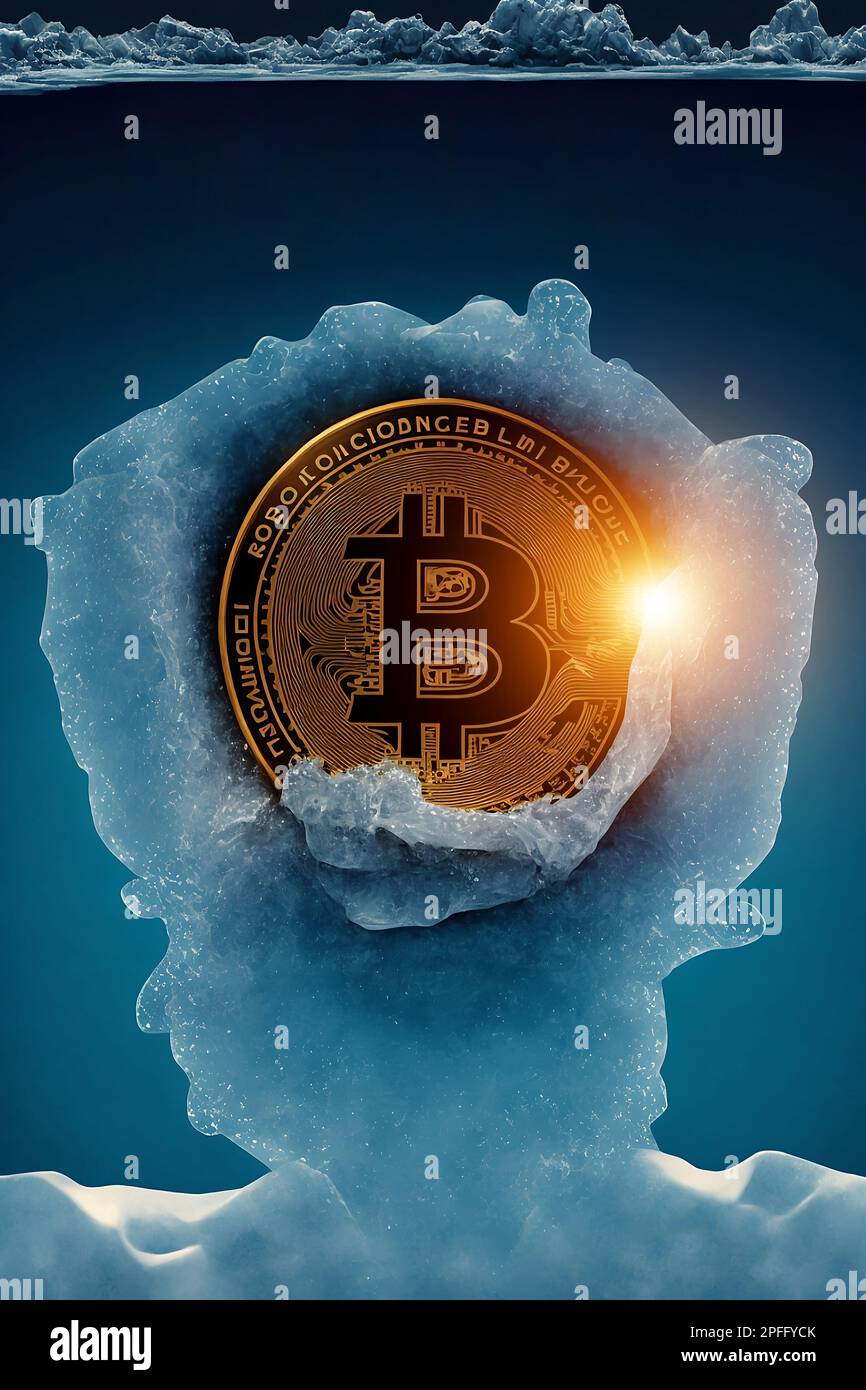 Bitcoin is freezing. Frozen Bitcoin, shiny gold bitcoin covered in ice during the cold crypto winter Stock Photo