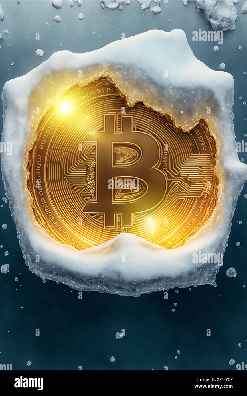 Bitcoin is freezing. Frozen Bitcoin, shiny gold bitcoin covered in ice  during the cold crypto winter Stock Photo - Alamy