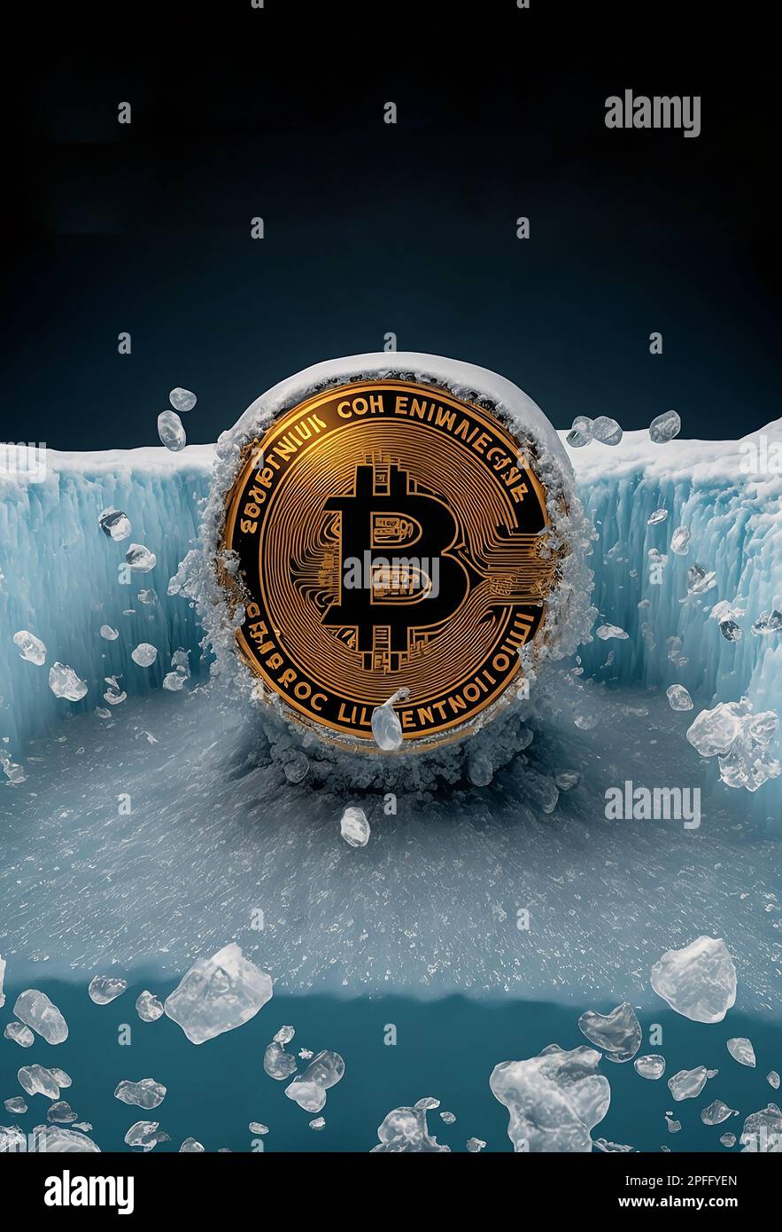 Bitcoin is freezing. Frozen Bitcoin, shiny gold bitcoin covered in ice  during the cold crypto winter Stock Photo - Alamy