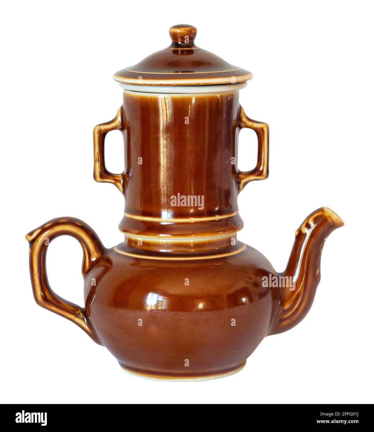 French three pieces set brown stoneware Coffee pot or Teapot. Vintage