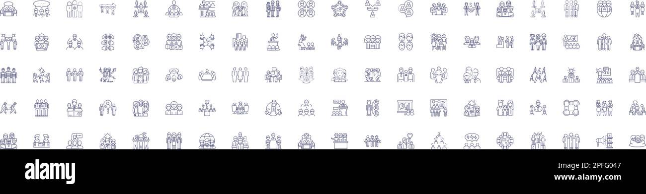 Group people line icons signs set. Design collection of Collective, Congregation, Assembly, Coadjutants, Aggregation, Horde, Swarm, Consortium outline Stock Vector