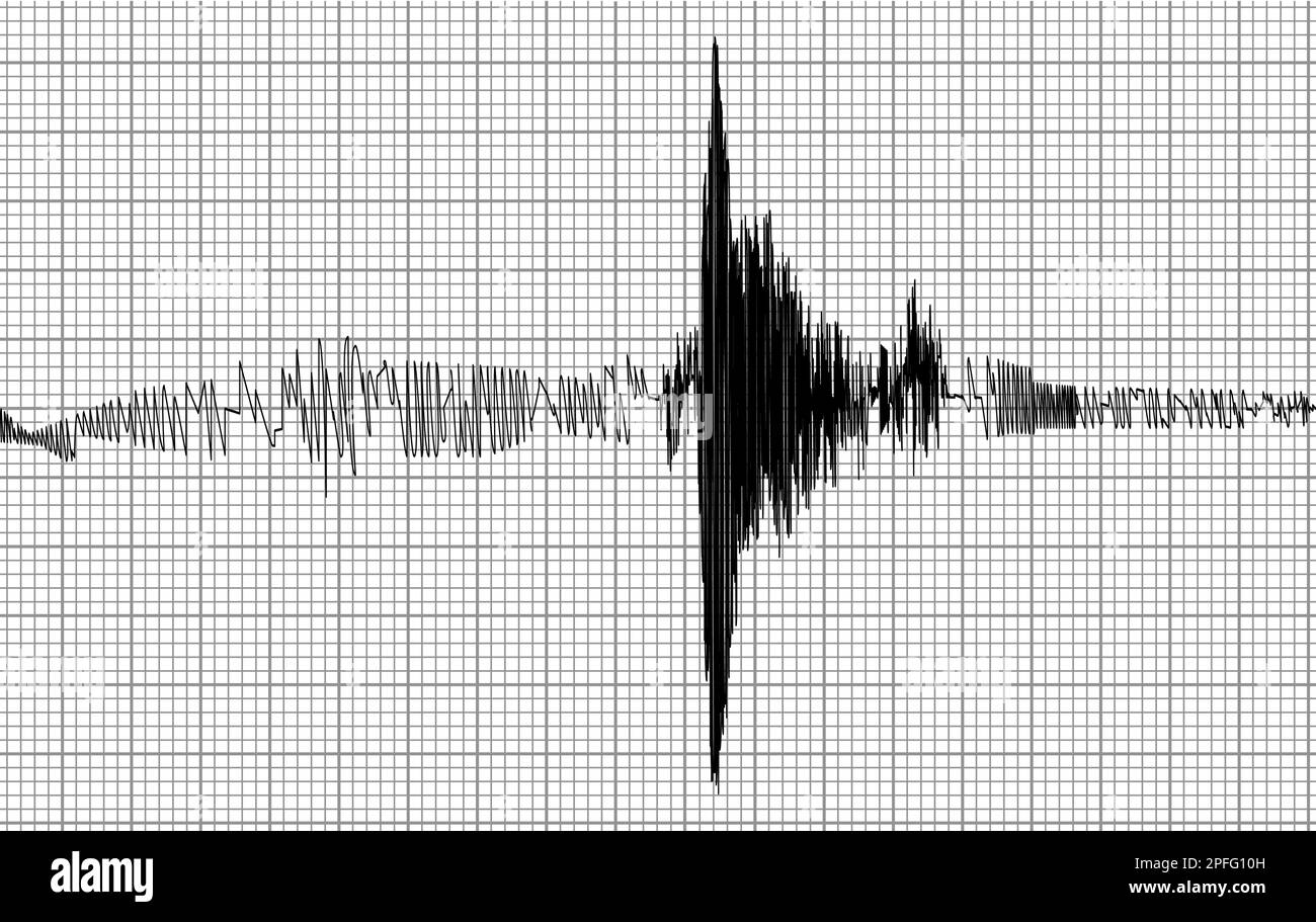 Seismogram of seismic activity or lie detector black record on grey chart paper. Earthquake audio wave diagram. Ground motion, volcano eruption. Polyg Stock Vector