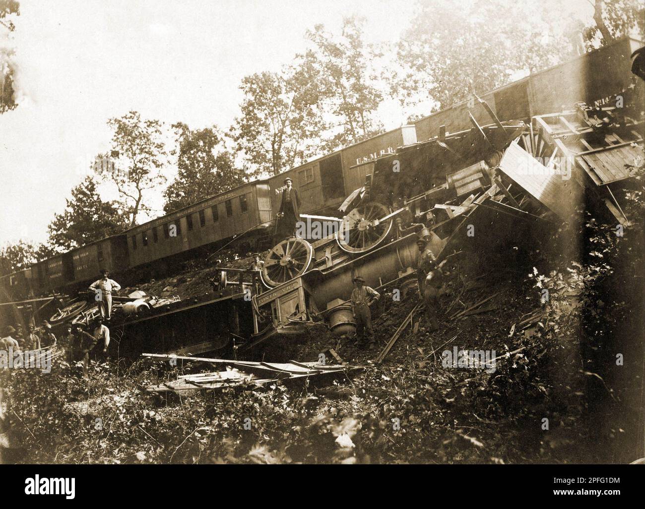 Locomotive 'Chas. Minot' accident caused by sabotage during the American Civil War, 1862 Stock Photo