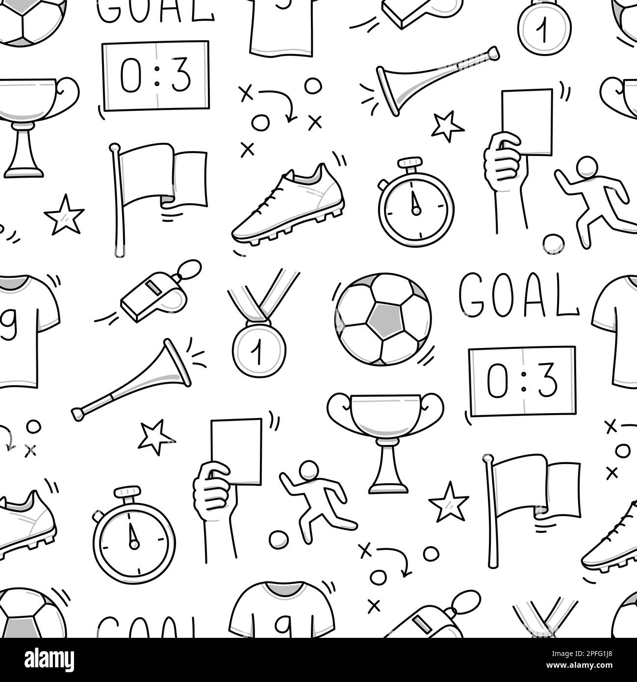 Soccer doodle seamless pattern. Football goal, award cup, whistle hand