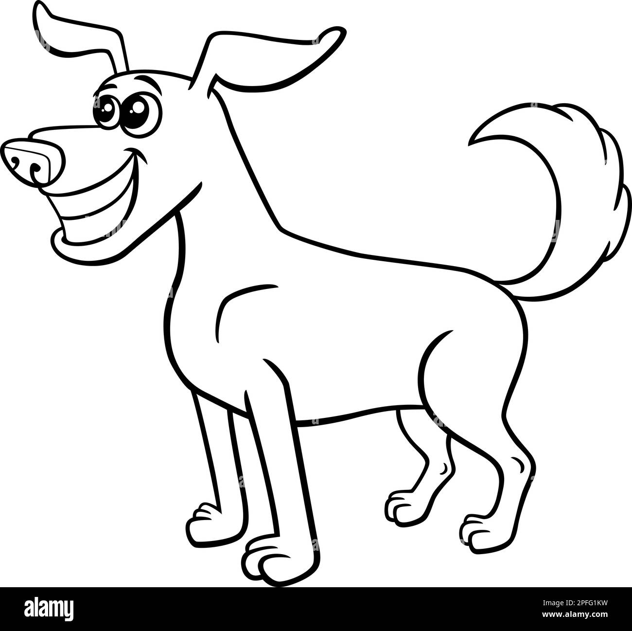 Black and white cartoon illustration of happy dog comic animal ...