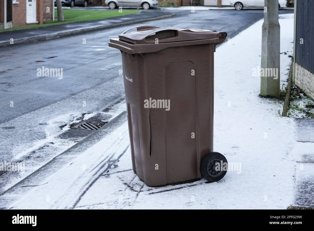 Household wheelie bin left out for collection Stock Photo Alamy