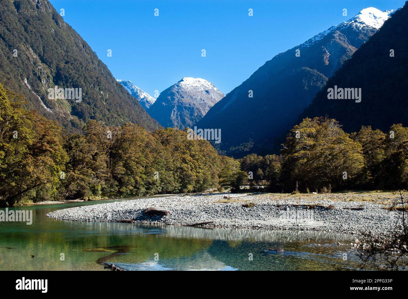 View of the Clinton river along the Milford track, New Zealand South Island . Milford Track is known as the most beautiful walk in the world. Stock Photo