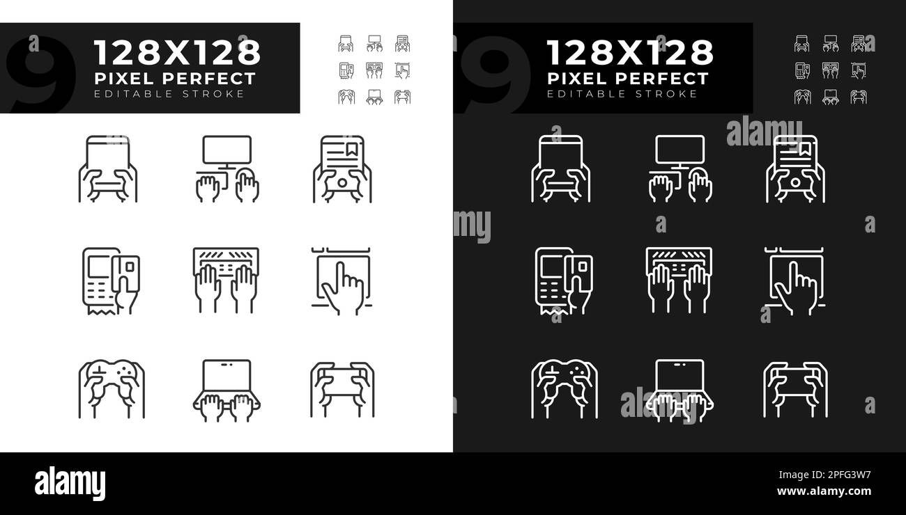 Hands using gadgets pixel perfect linear icons set for dark, light mode Stock Vector