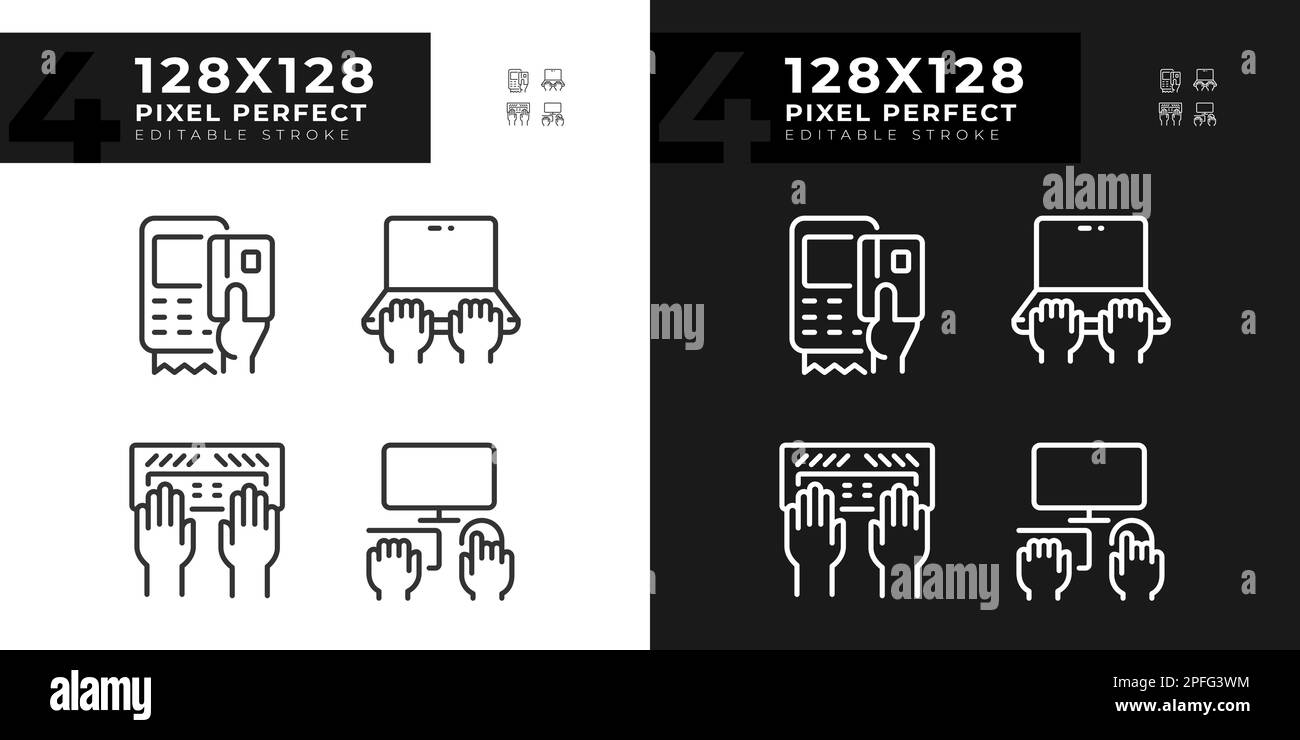 Hands using devices pixel perfect linear icons set for dark, light mode Stock Vector