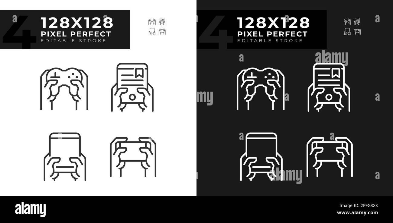 Hands with amusing gadgets pixel perfect linear icons set for dark, light mode Stock Vector
