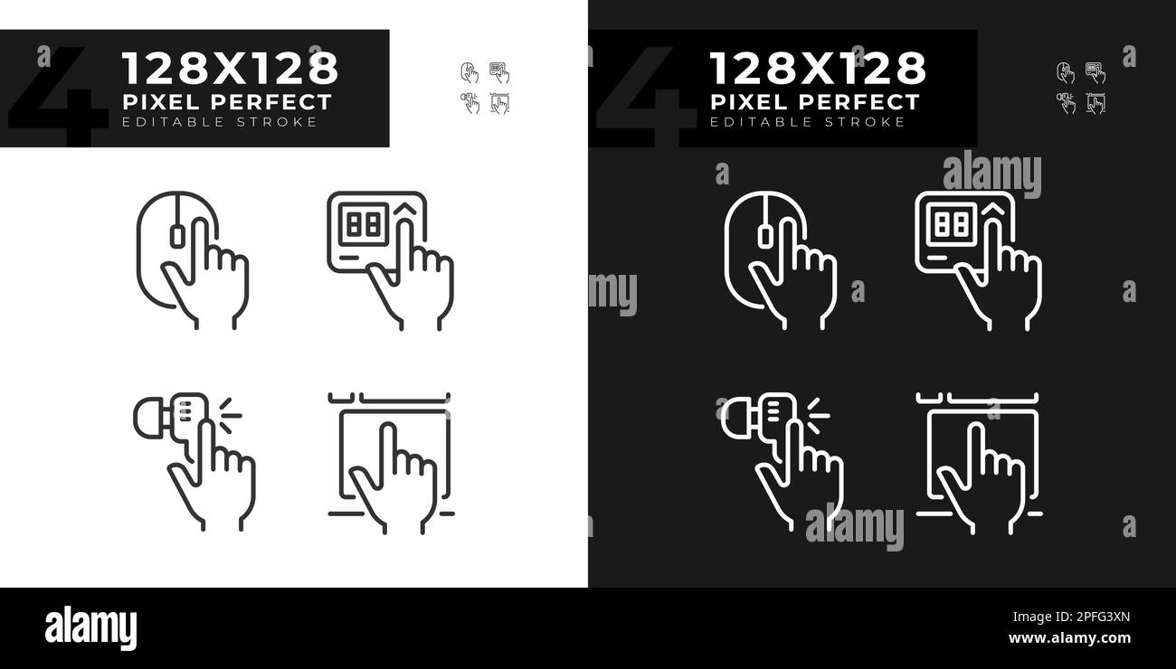 Pressing keys on devices pixel perfect linear icons set for dark, light mode Stock Vector