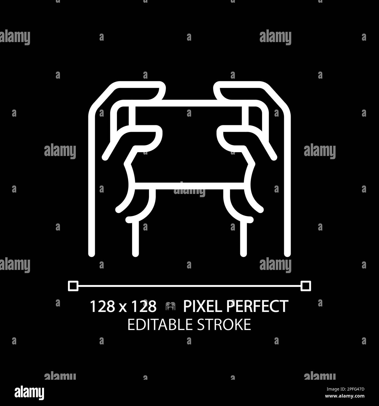 Holding smartphone with two hands pixel perfect white linear icon for dark theme Stock Vector