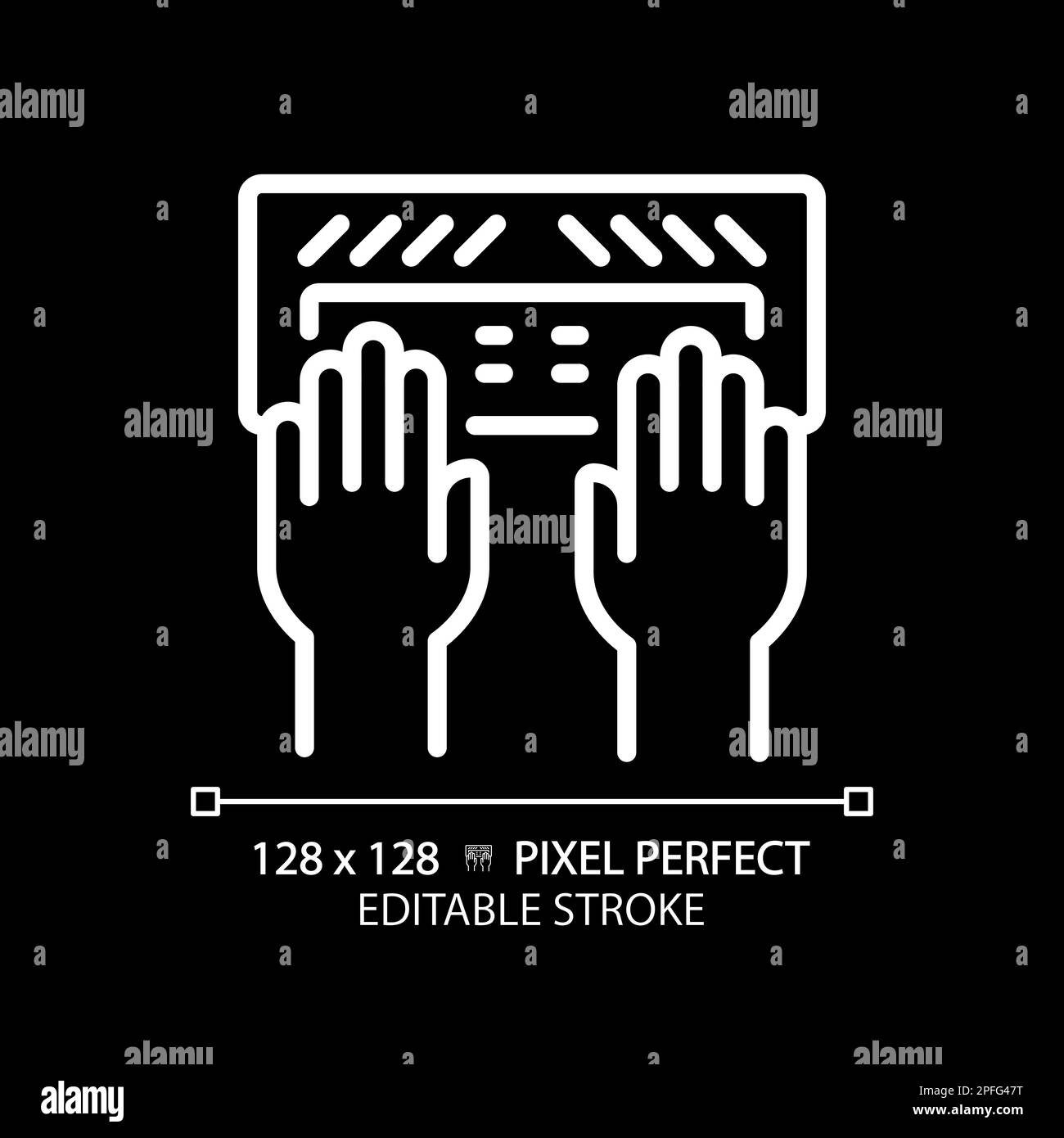 Hands with Braille keyboard pixel perfect white linear icon for dark theme Stock Vector
