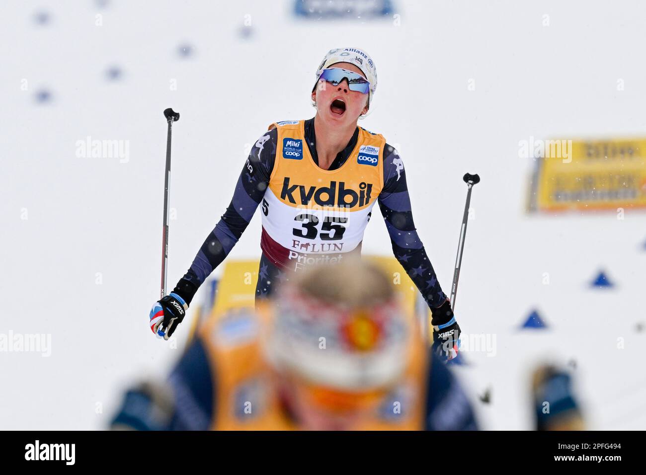 Jessie Diggins, USA, crosses the finish line during the Women's 10 kms
